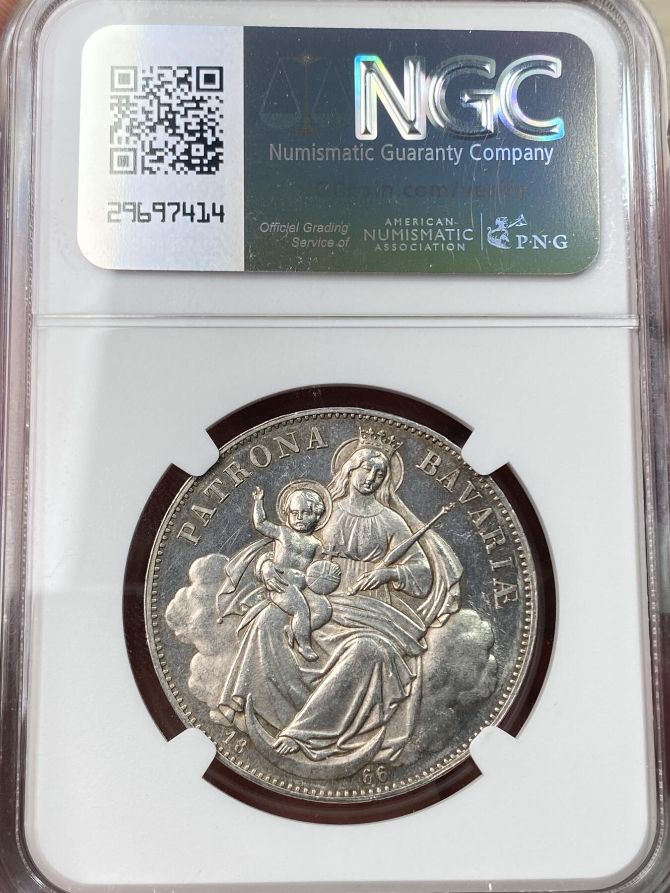 万国钱币拍卖第055期 NGC MS62 1866年德国巴伐利亚路德维希二世圣母抱婴泰勒 原味深打喷砂质感 高点极佳