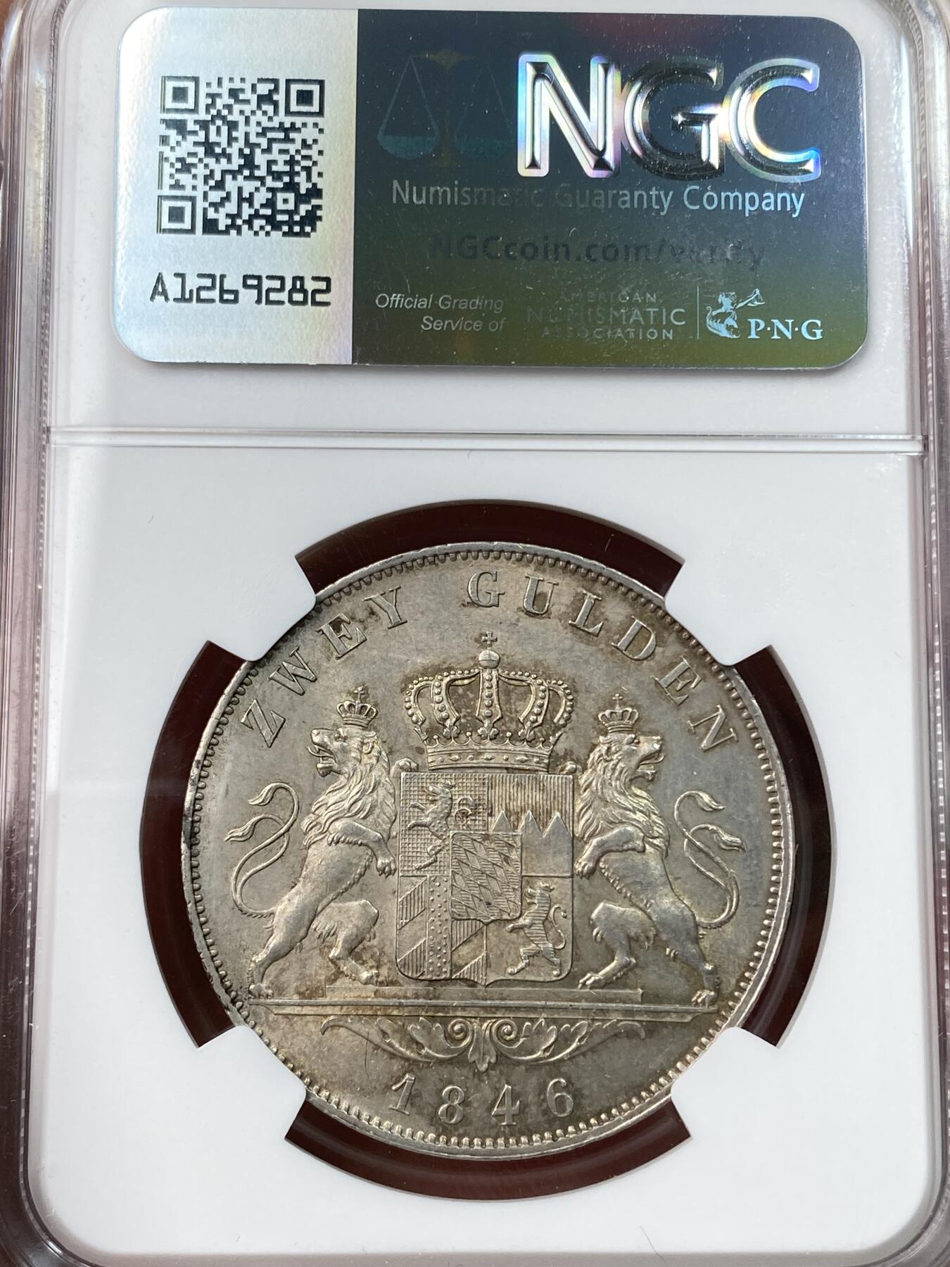 万国钱币拍卖第055期 NGC MS62 1846年德国巴伐利亚路德维希一世双狮护盾流通2古尔登大银 原味瓷器般的油脂光泽极其舒适 
