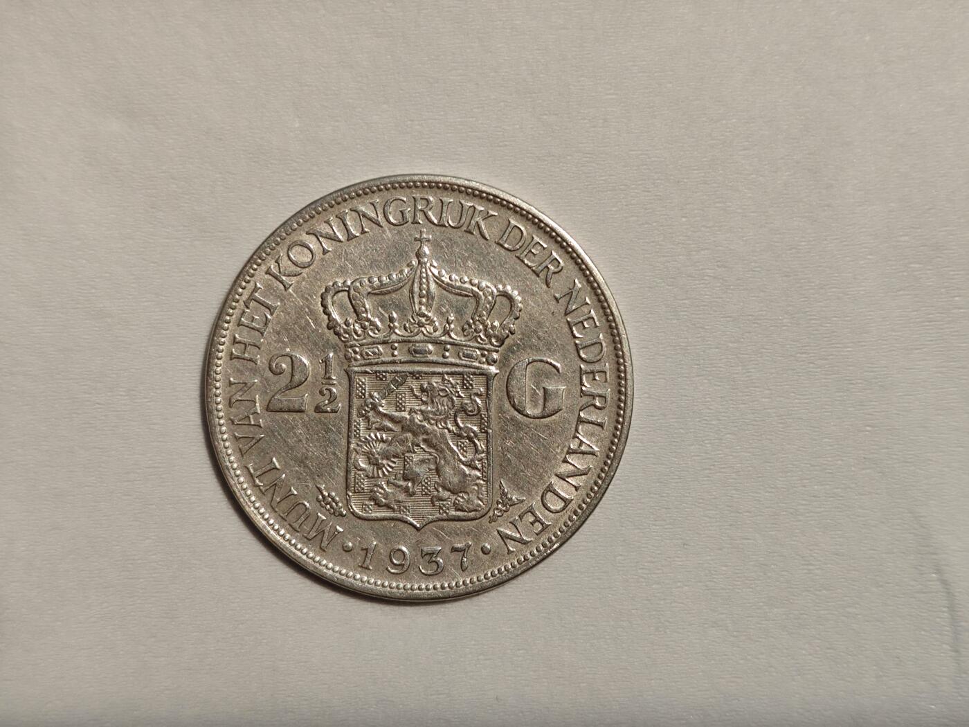 荷兰 银币 2.5盾 威廉明娜女王 1937年