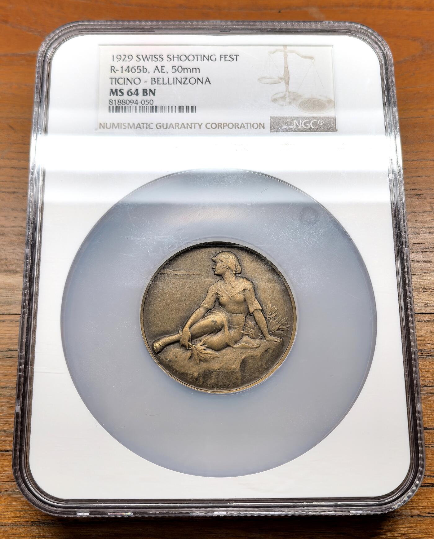 泉海漫舟·凡希社世界钱币微拍第三百十四期 1929瑞士提契诺州贝林佐纳射击节纪念大铜章NGC-MS64，稀见品种。