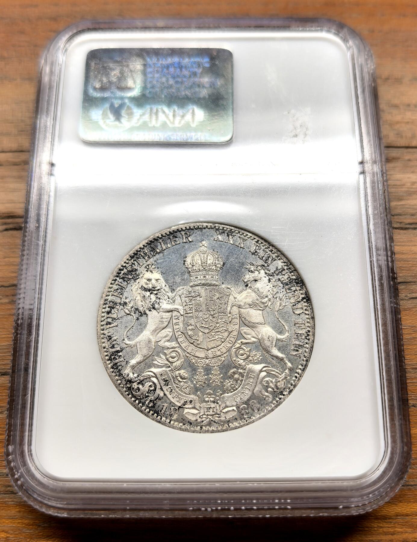 泉海漫舟·凡希社世界钱币微拍第三百十四期 1866德国汉诺威狮马泰勒NGC-MS62，N老盒严评。