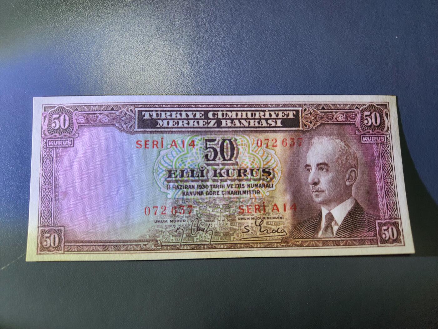 11月15号晚上8点 外国纸币自动截拍第58场 土耳其 50库鲁 1930年/1942年 首版 几乎全新