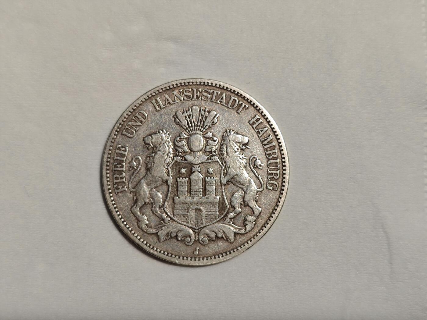 德国 银币 5马克 汉堡 短翅鹰 1876年