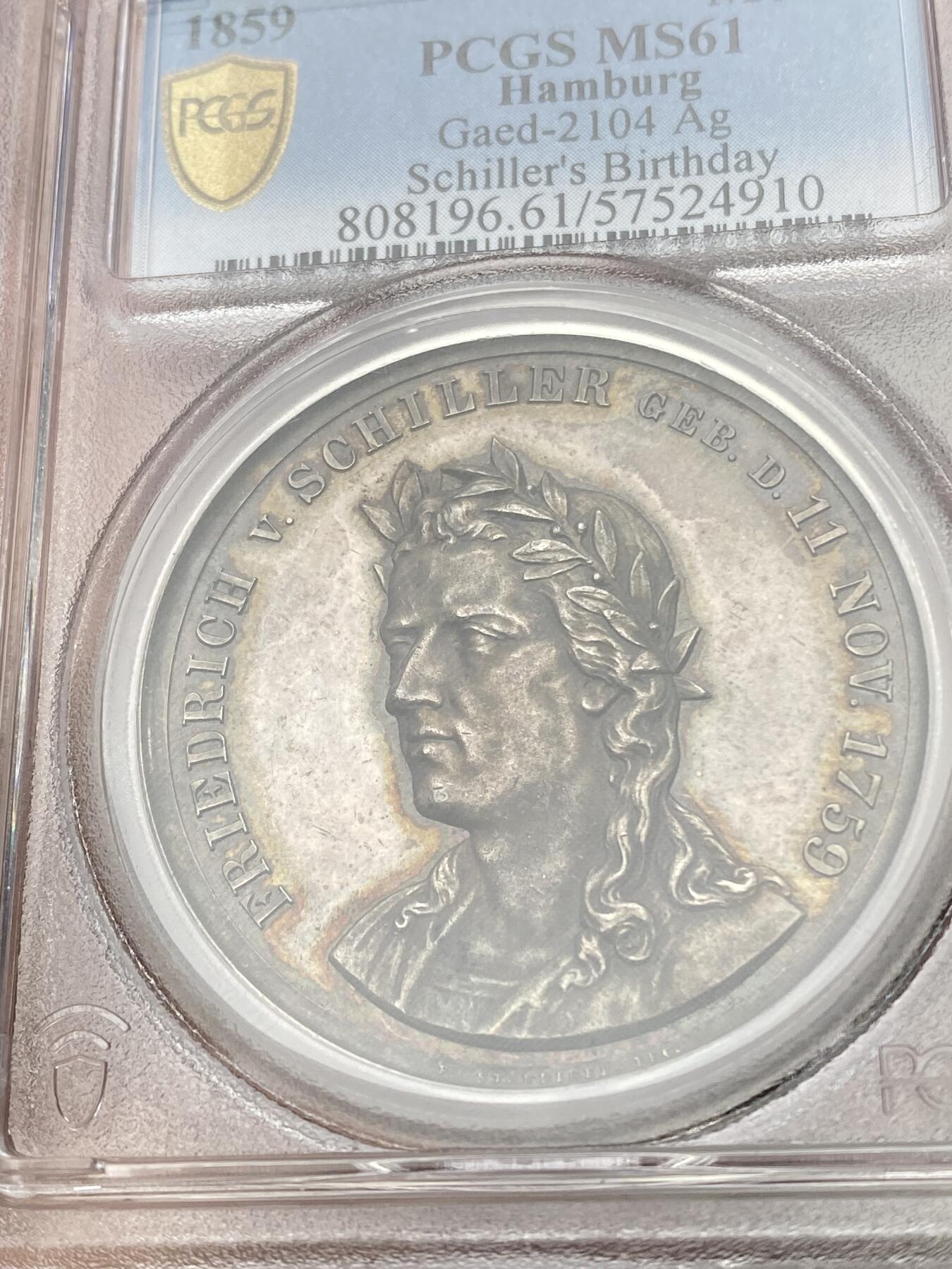 万国钱币拍卖第055期 PCGS MS61 1859年德国 LOOS名家设计席勒诗歌中《DIE GLOCK》场景纪念大银章 41MM 29G 高浮雕镜面酱彩
