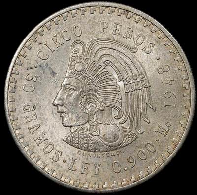 修遠堂世界钱币第九十三期 - 1948年墨西哥5比索大银币 30g，含银90% 未流通