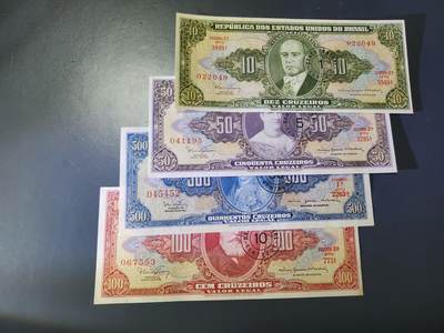 11月15号晚上8点 外国纸币自动截拍第58场 - 巴西 1966年 改值版 1-5-10-50纸币近新至新品一套