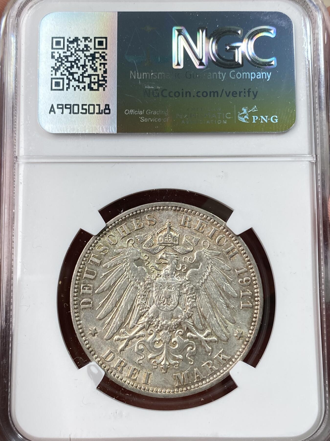 万国钱币拍卖第055期 NGC MS62 1911年德国汉堡双狮护盾长翅流通3马克 十字转光红酒彩包浆