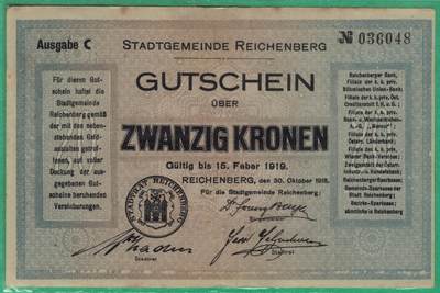 捷克斯洛伐克利贝雷茨地区1918年10月至1919年2月20克朗 实物图 八五品 稀少品种 该币属于应急货币(战时政权更迭期的临时流通券).1918年一战末，奥匈帝国解体，利贝雷茨所在的波希米亚地区处于政权过度阶段，德国裔居民主导的"德意志波希米亚省"(仅存在三个月）发行此币，以维持当地经济流通。1918年12月，该地区被捷克斯洛伐克政府接管，此货币仅短暂流通。 - 捷克斯洛伐克利贝雷茨地区1918年10月至1919年2月20克朗 实物图 八五品 稀少品种 该币属于应急货币(战时政权更迭期的临时流通券).1918年一战末，奥匈帝国解体，利贝雷茨所在的波希米亚地区处于政权过度阶段，德国裔居民主导的"德意志波希米亚省"(仅存在三个月）发行此币，以维持当地经济流通。1918年12月，该地区被捷克斯洛伐克政府接管，此货币仅短暂流通。