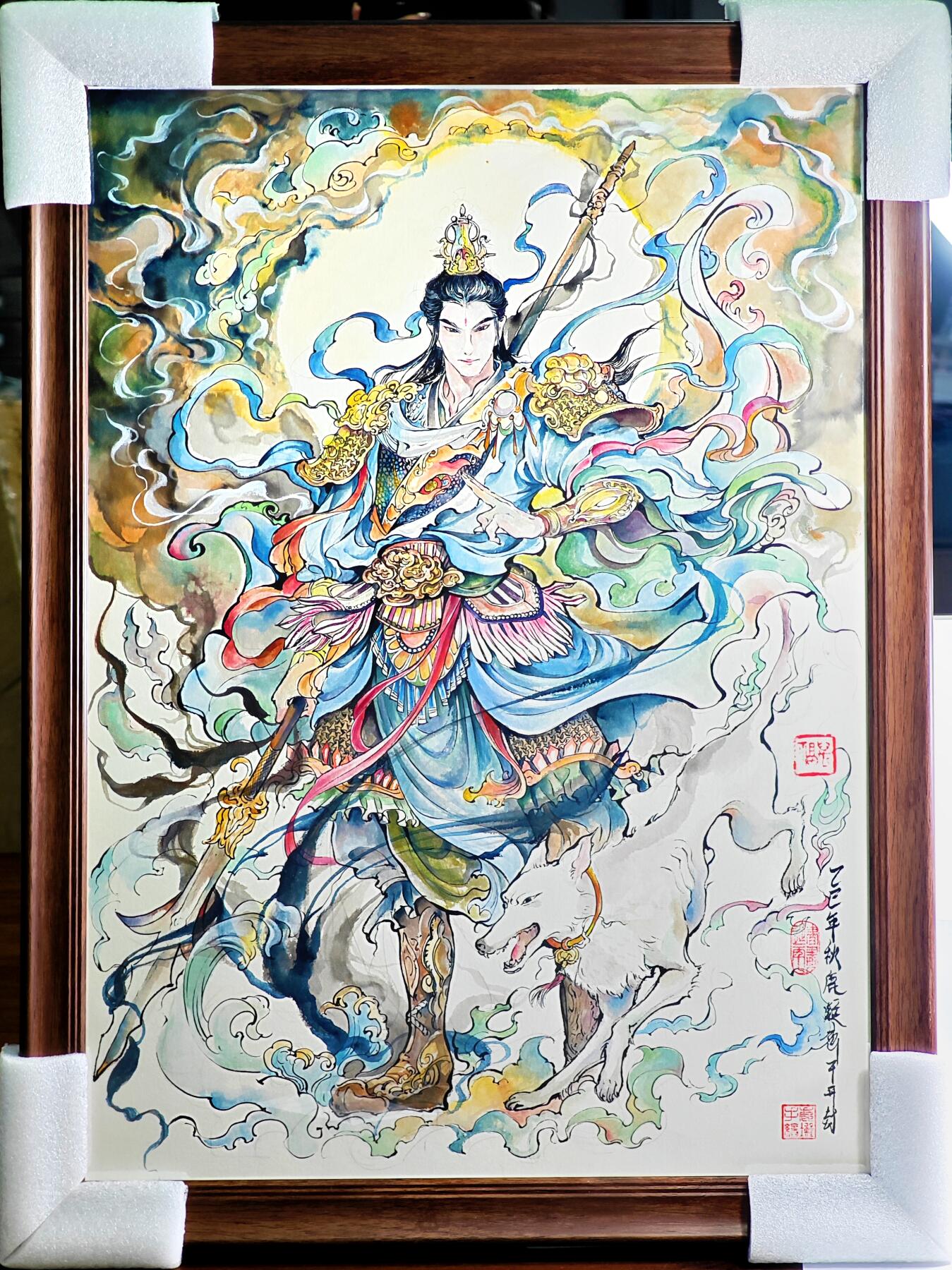 白泽拍卖卡牌手绘专场第28期（细雨生寒、寻梅闻香） 2025 鹿凝手绘画 二郎神 尺寸：37cm*52cm 有外框  鹿凝亲签