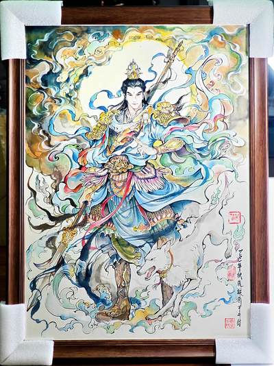 白泽拍卖卡牌手绘专场第28期（细雨生寒、寻梅闻香） - 2025 鹿凝手绘画 二郎神 尺寸：37cm*52cm 有外框  鹿凝亲签