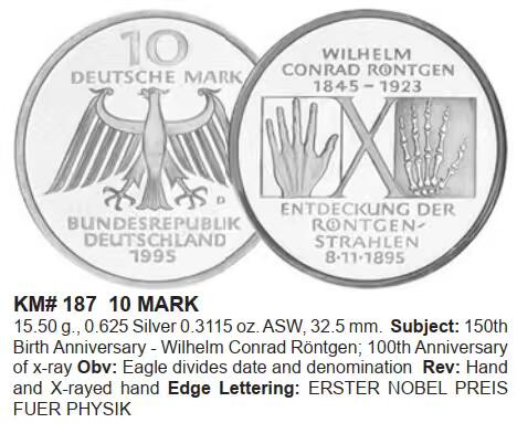 德国 银币 纪念币 10马克 伦琴 X射线发现100周年 1995年
