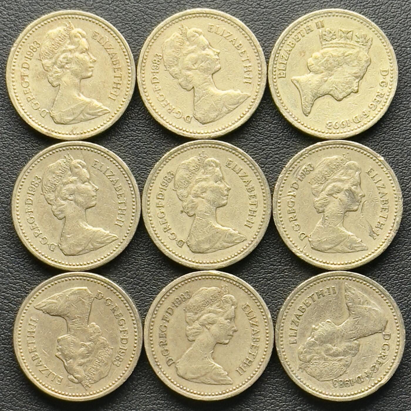 ＜小葵钱铺＞第65期·散币·银币场·满200包邮，不寄存·17号发货 英国散年份皇家徽章1镑黄铜纪念币9枚