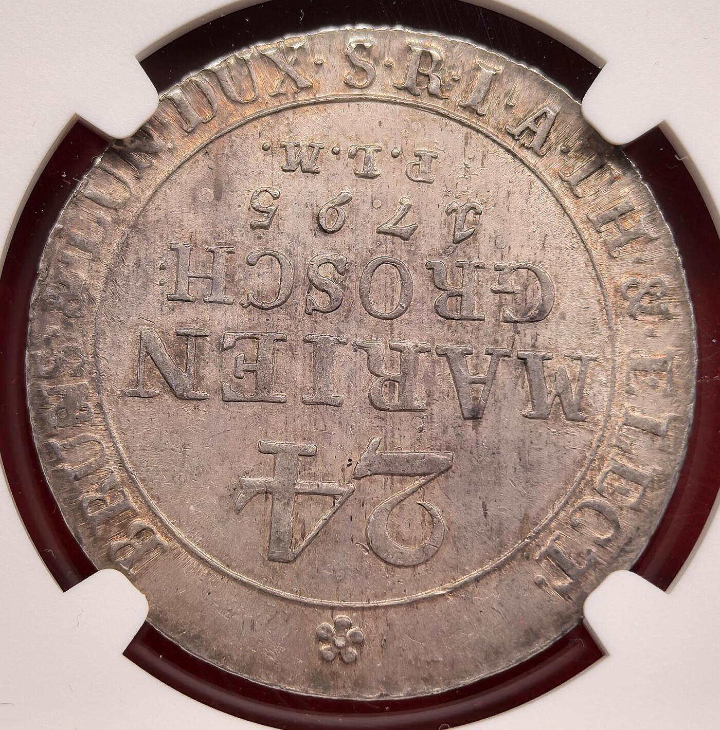 泉海漫舟·凡希社世界钱币微拍第三百十四期 1795德国不伦瑞克汉诺威盾徽版2/3泰勒NGC-MS63，英王乔治三世的德国领地，烟灰五彩，极富质感且韵味十足的一枚！