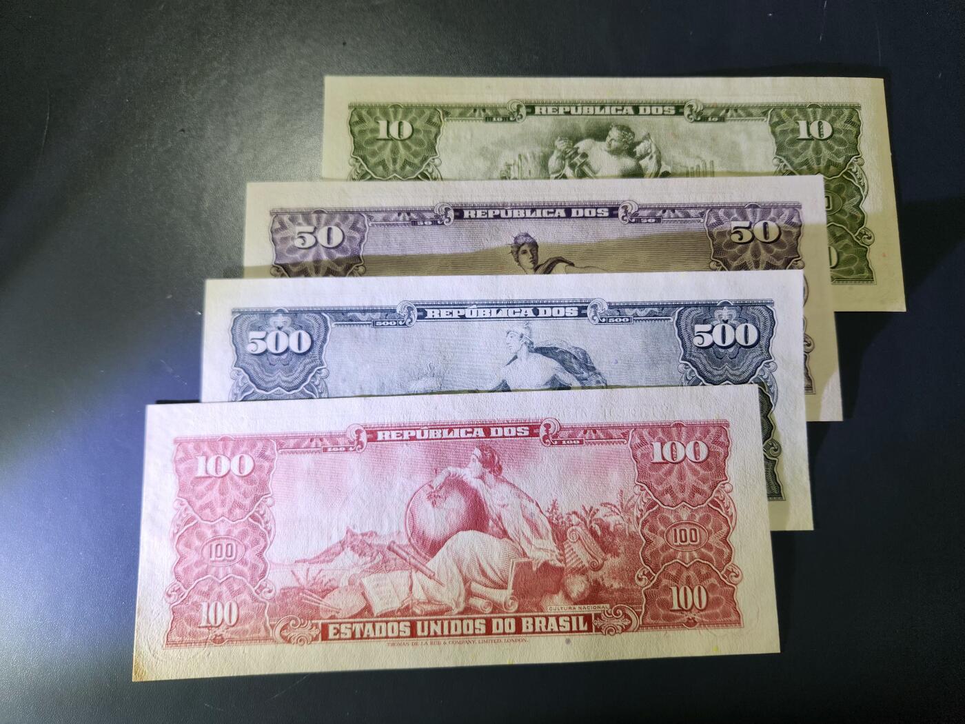 11月15号晚上8点 外国纸币自动截拍第58场 巴西 1966年 改值版 1-5-10-50纸币近新至新品一套