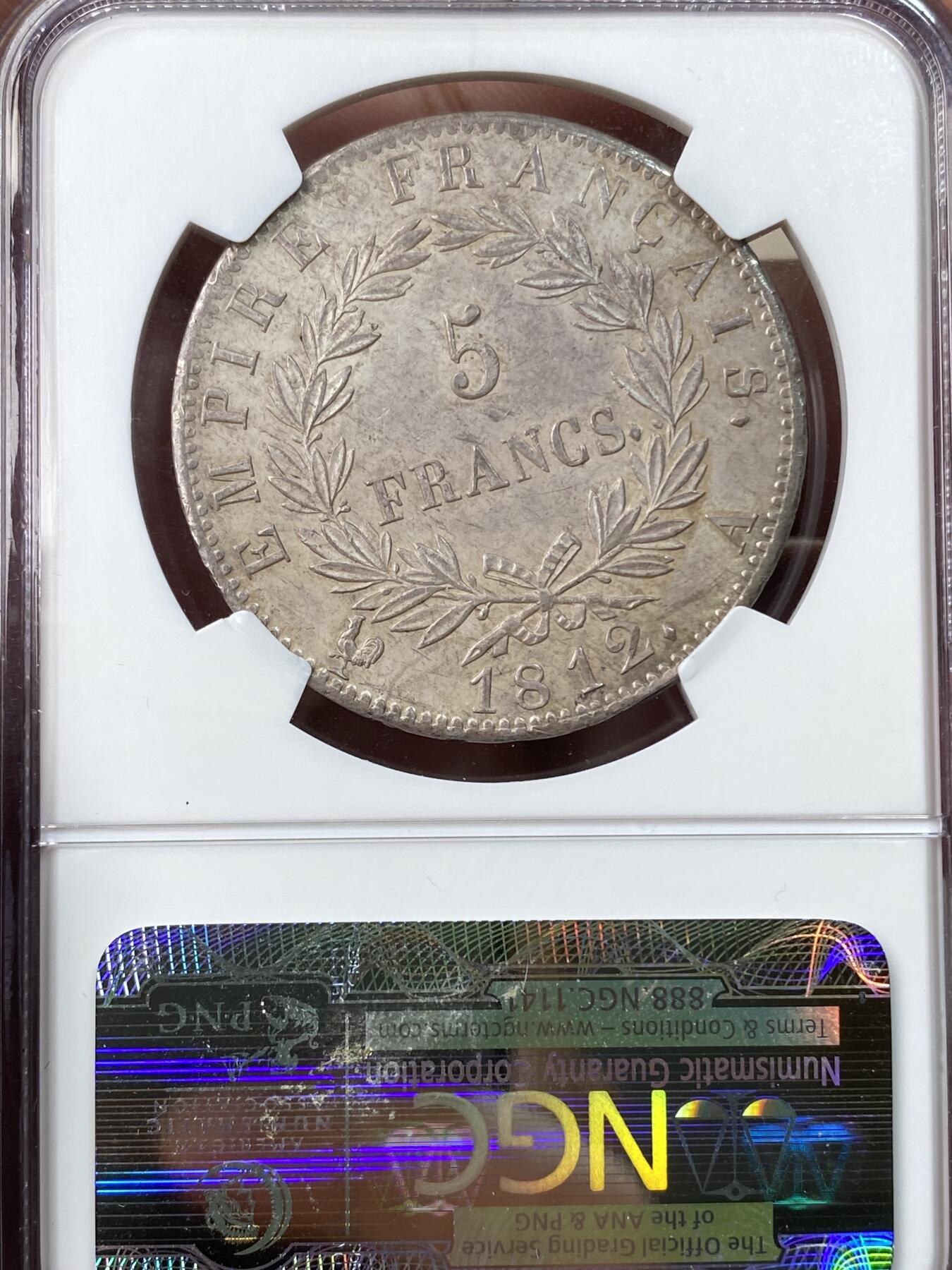 万国钱币拍卖第055期 NGC MS61 1812法国拿破仑一世5法郎银币 巴黎厂铸造 原味转光纸袋包浆 状态舒适