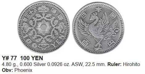 日本 银币 单凤 100元 昭和33年