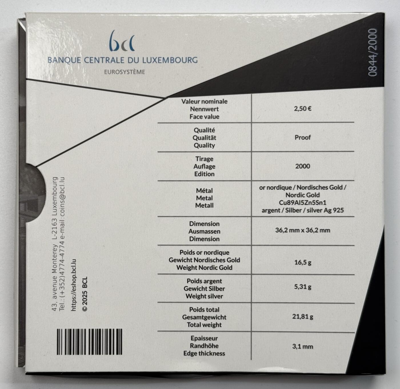 S&S Numismatic世界钱币-拍卖 第115期  卢森堡2025年 杰出建筑系列10-卢森堡爱乐音乐厅 2.5欧元银+北欧金双色纪念币 官方卡币