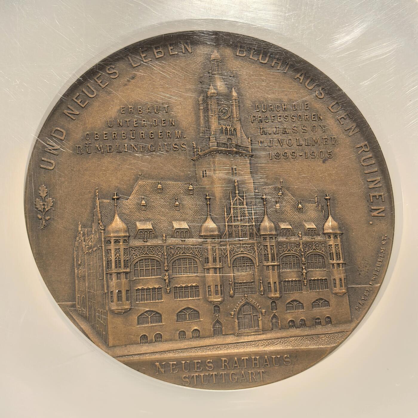 博洋堂世界钱币拍卖第146期（全场包邮） NGC MS63 德国1905年斯图加特市镇中心建成纪念大铜章，60mm巨大款，背面是城镇风景图，硬核的德系风景大章！