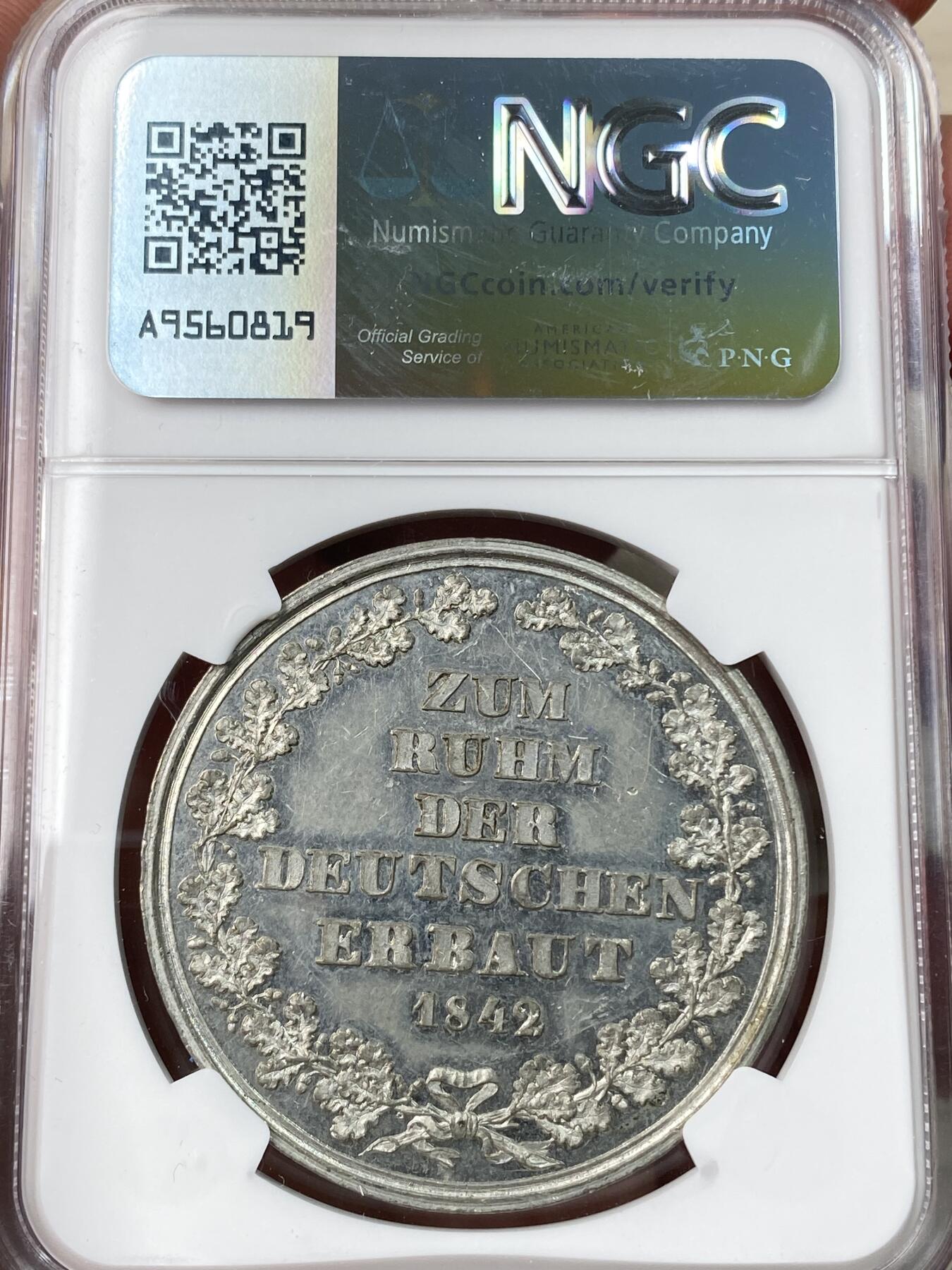 万国钱币拍卖第055期 NGC MS61 1842年德国巴伐利亚瓦尔哈拉死亡圣殿落成纪念大锡章 罕见圣殿向右的版本 镜面典藏品质
