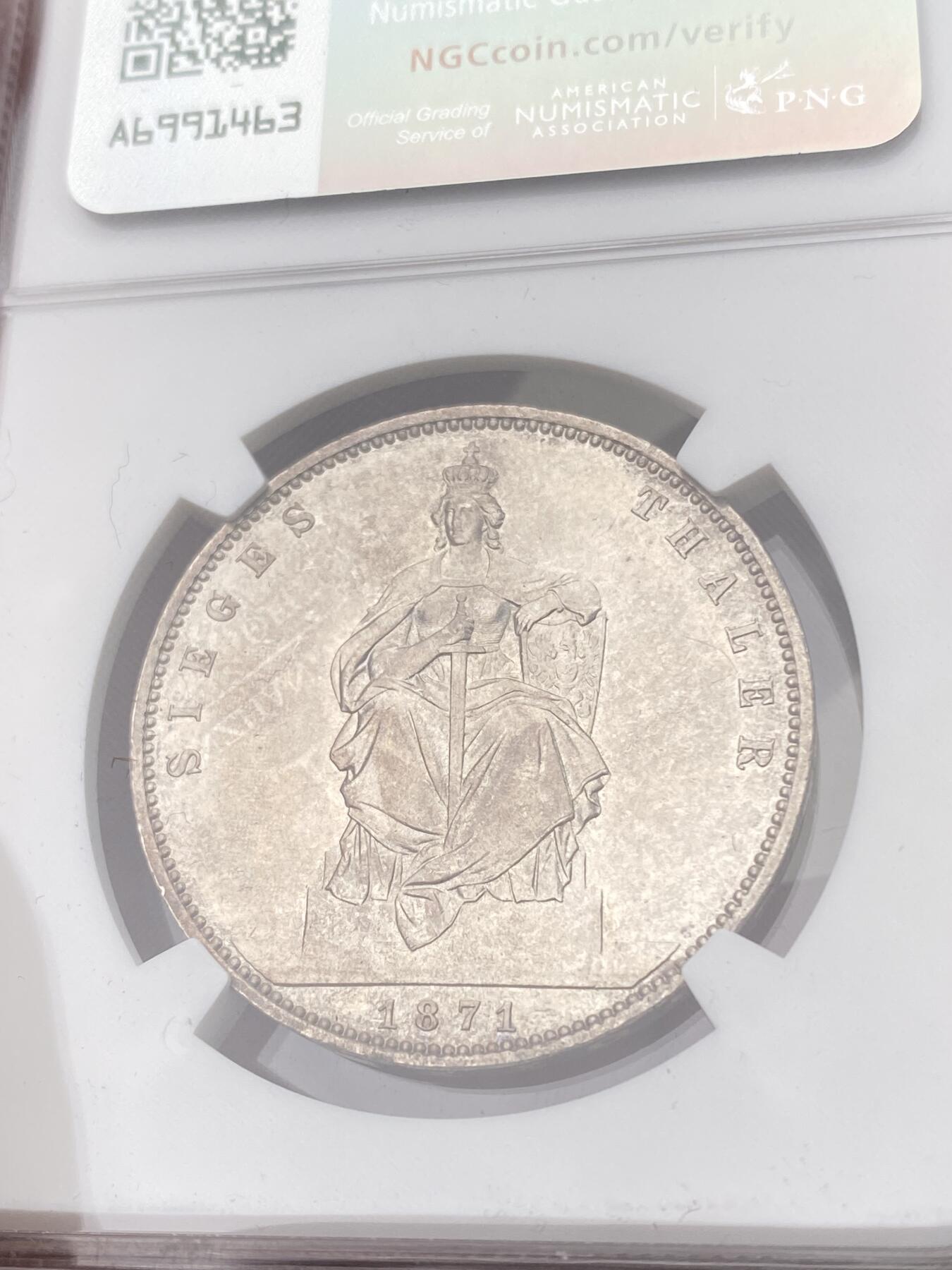 万国钱币拍卖第055期 NGC MS62 1871普鲁士威廉一世普法胜利泰勒 经典女武神 高浮雕质感五官清晰 银霜转光