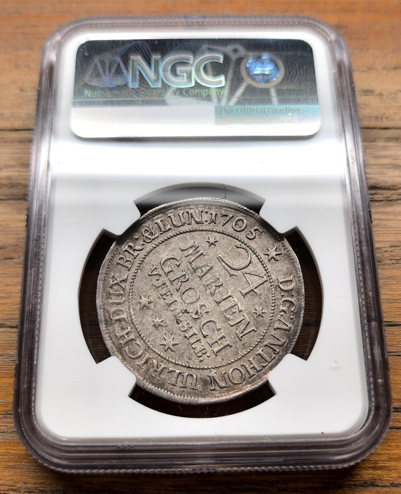 泉海漫舟·凡希社世界钱币微拍第三百十四期 1705德国不伦瑞克沃尔芬堡野人24MG大银NGC-AU55