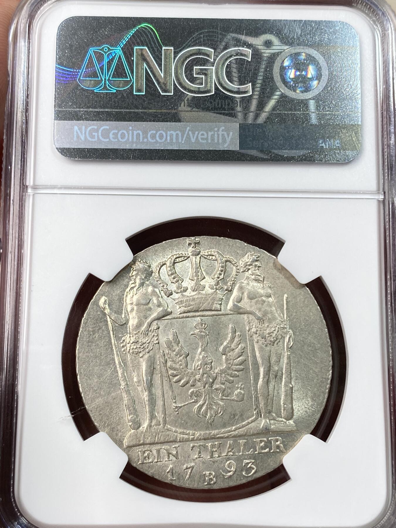 万国钱币拍卖第055期 NGC MS63 1793年德国普鲁士弗里德里希·威廉二世腓特烈大帝野人护盾大泰勒 经典普鲁士野人 柏林勃兰登堡门的缔造者 全深打银霜光度炸裂 NGC唯一冠军分 顶级收藏品质
