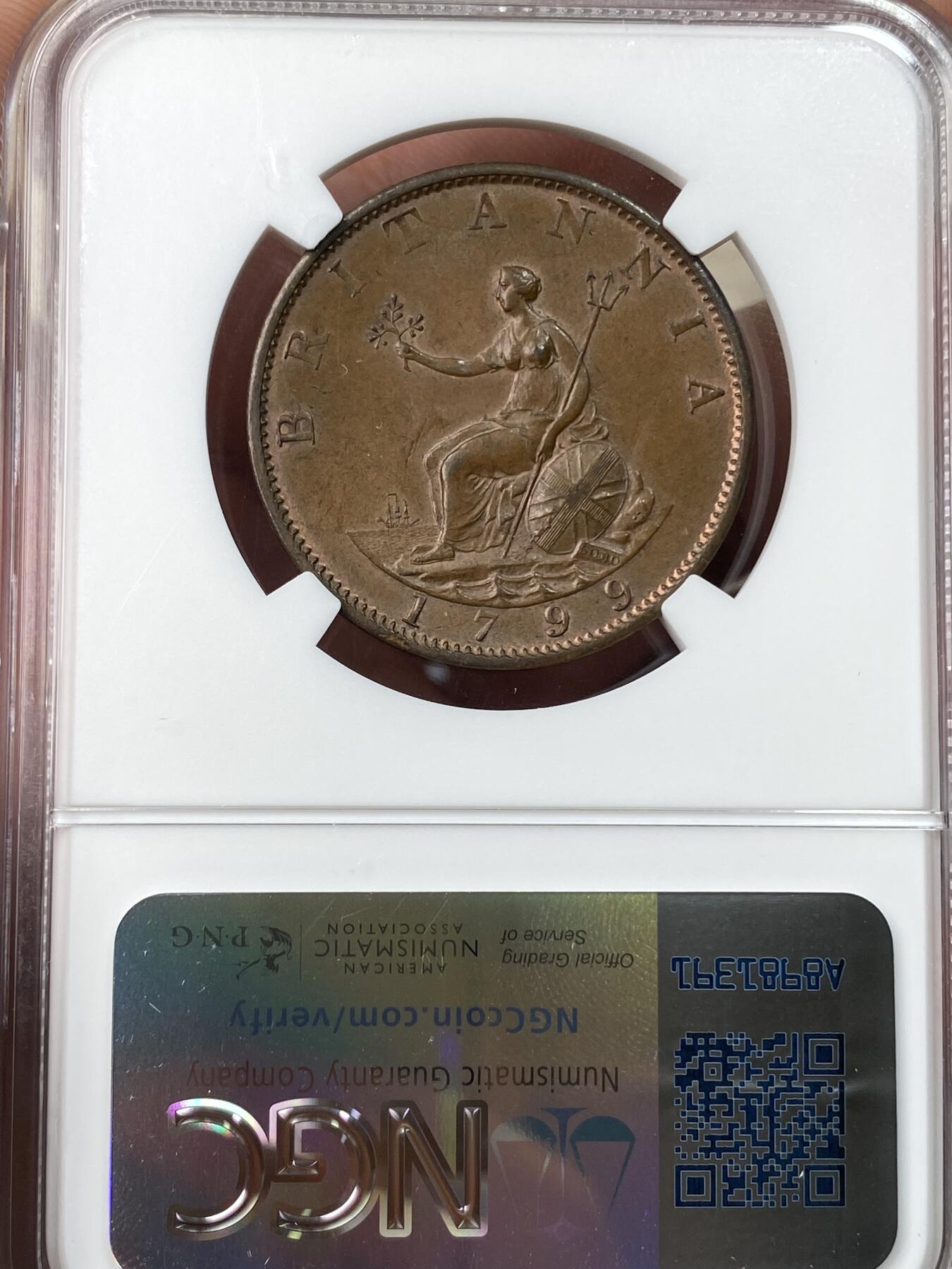 万国钱币拍卖第055期 NGC MS64 1799年英国乔治三世1/2半便士打铜币 SOHO厂出品 领先时代的顶级工艺