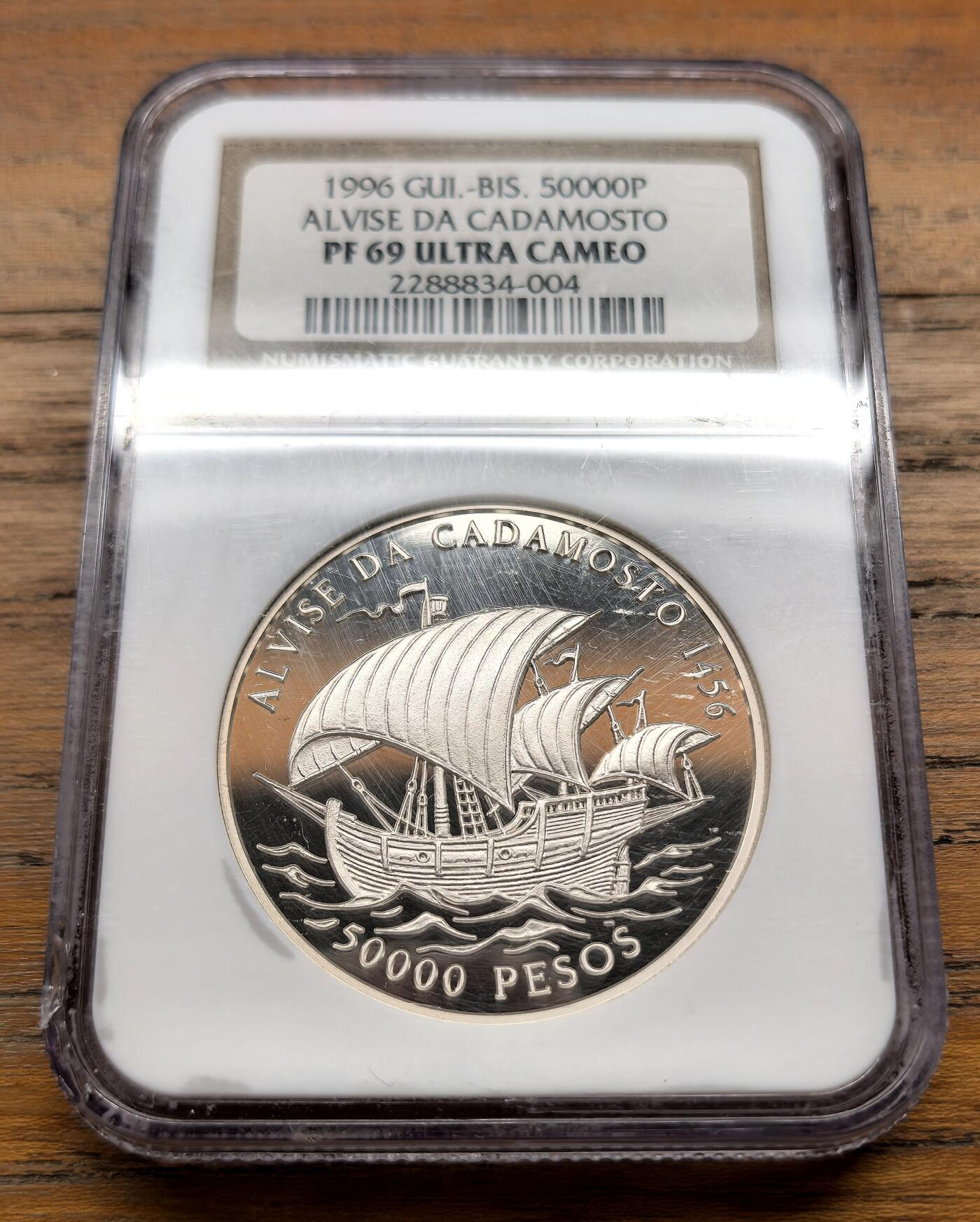 泉海漫舟·凡希社世界钱币微拍第三百十四期 1996几内亚比绍纪念威尼斯航海家卡达莫斯托航行至西非海岸发现佛得角50000P大银精铸NGC-PF69UC