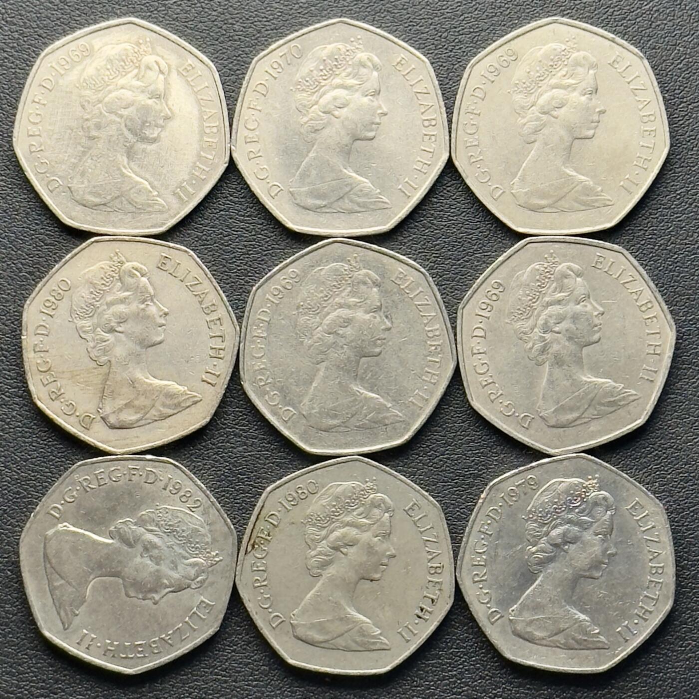 ＜小葵钱铺＞第65期·散币·银币场·满200包邮，不寄存·17号发货 英国散年份不列颠女神大50便士硬币9枚（30mm）