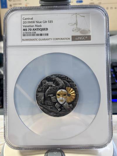 第181期拍卖 - 纽埃2019年威尼斯面具2盎司高浮雕银币NGC-MS70原盒证书，999银镀金，发行500枚