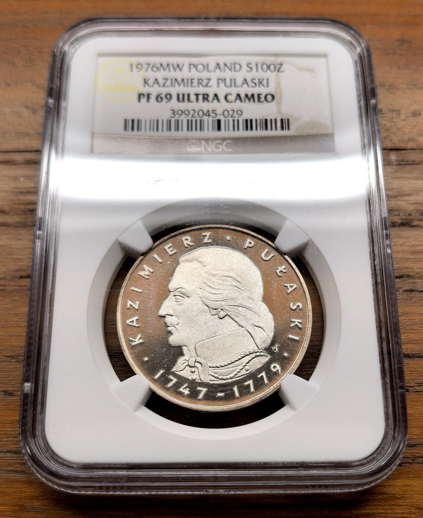 泉海漫舟·凡希社世界钱币微拍第三百十四期 1976波兰贵族、美国骑兵之父卡西米尔·普拉斯基100Z纪念银币NGC-PF69UC