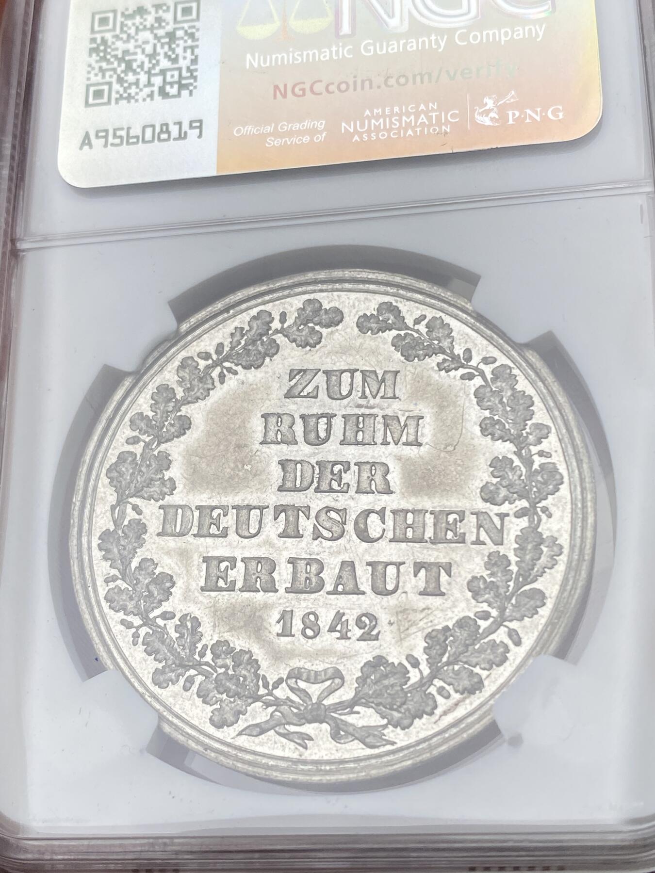 万国钱币拍卖第055期 NGC MS61 1842年德国巴伐利亚瓦尔哈拉死亡圣殿落成纪念大锡章 罕见圣殿向右的版本 镜面典藏品质
