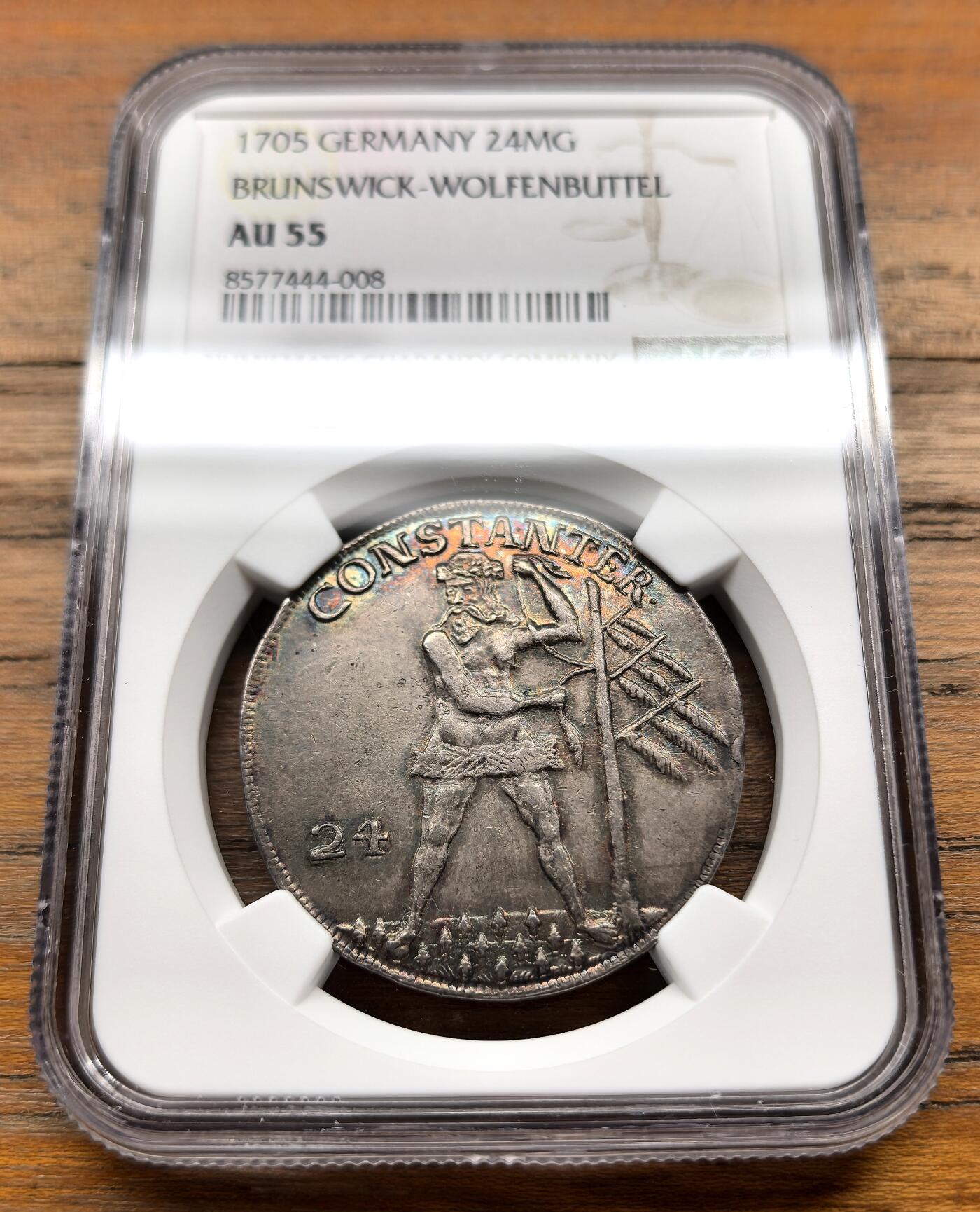 泉海漫舟·凡希社世界钱币微拍第三百十四期 1705德国不伦瑞克沃尔芬堡野人24MG大银NGC-AU55