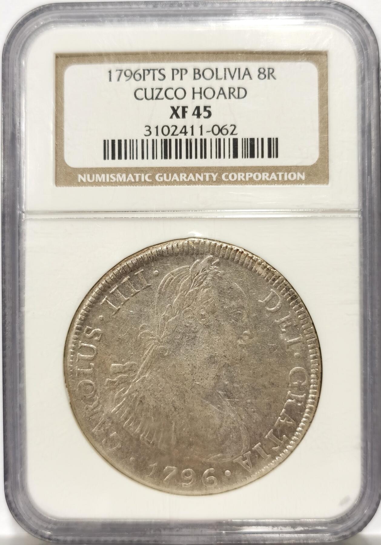 博洋堂世界钱币拍卖第146期（全场包邮） NGC XF45 玻利维亚1796年PTS PP版卡四双柱8里亚尔 出自非常知名的CUZCO窖藏，此枚细节极佳状态斐然，NGC老盒子含金量非常高，早期玻利维亚卡四双柱很少见，海外非常热门的品种