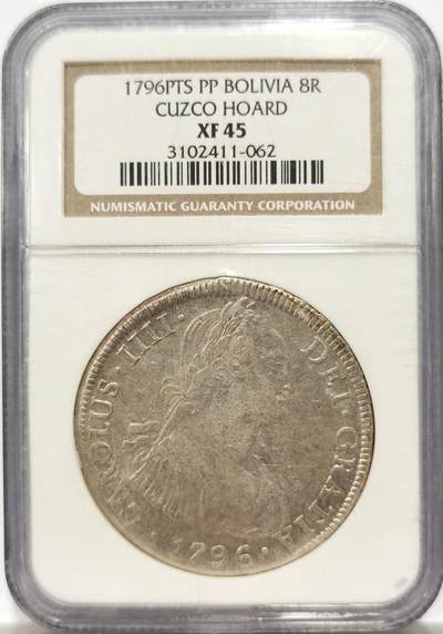 博洋堂世界钱币拍卖第146期（全场包邮） - NGC XF45 玻利维亚1796年PTS PP版卡四双柱8里亚尔 出自非常知名的CUZCO窖藏，此枚细节极佳状态斐然，NGC老盒子含金量非常高，早期玻利维亚卡四双柱很少见，海外非常热门的品种