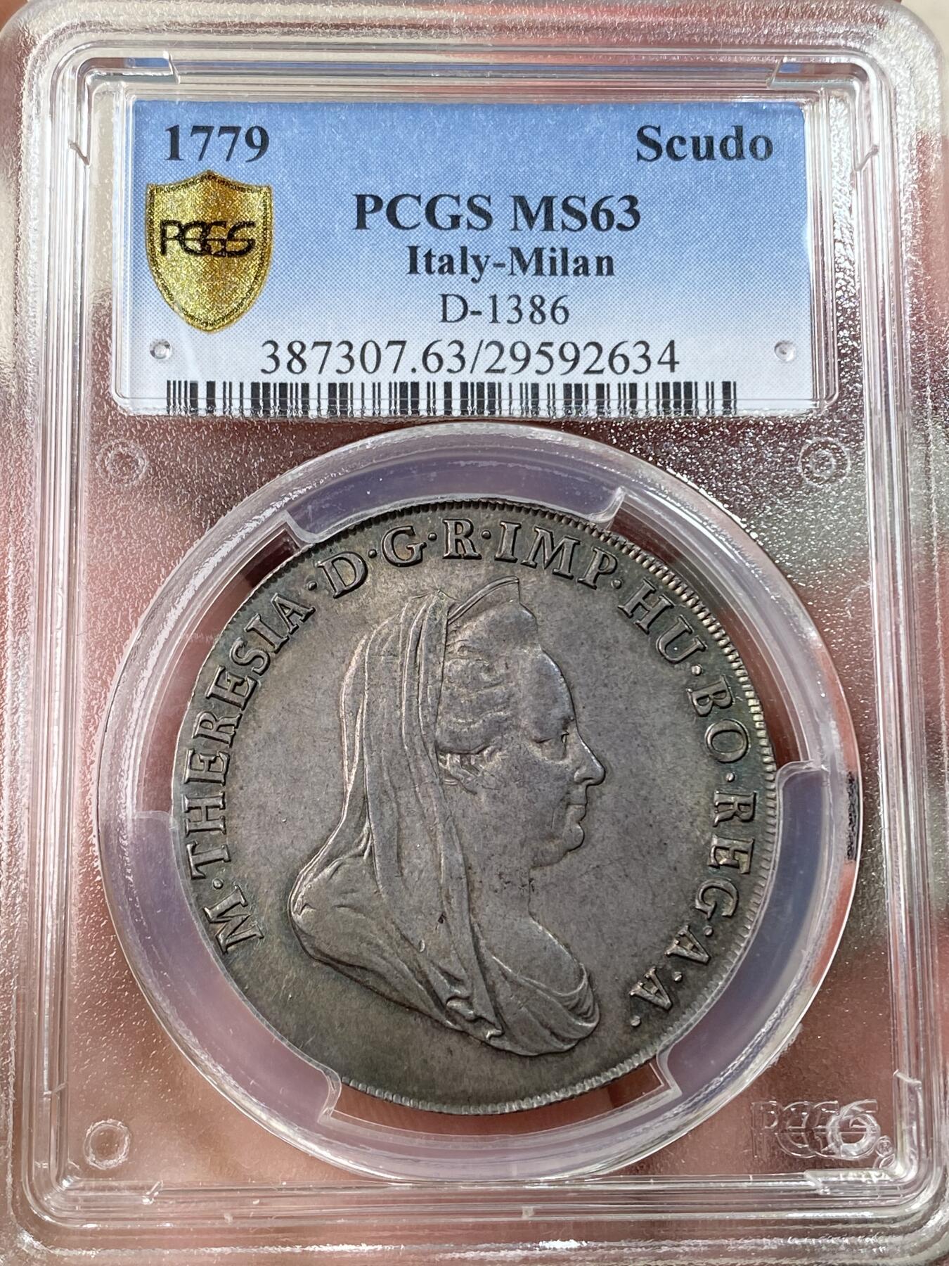 万国钱币拍卖第055期 PCGS MS63 1779意大利米兰公国玛丽亚·特蕾莎女皇Scudo（6里拉）大银 神圣罗马帝国时期哈布斯堡家族统治下的产物 特蕾莎女皇是查理六世的女儿，也是后来两位神罗皇帝约瑟夫二世和利奥波德二世的母亲，背面为米兰公国经典的鹰蛇纹章，此品种常见多为vf品相，均匀欧陆五彩转光，PC唯一冠军分&封面广告币，一共只有四枚评级记录，亚军AU53，季军VF35，断崖式领先的顶级收藏品质。