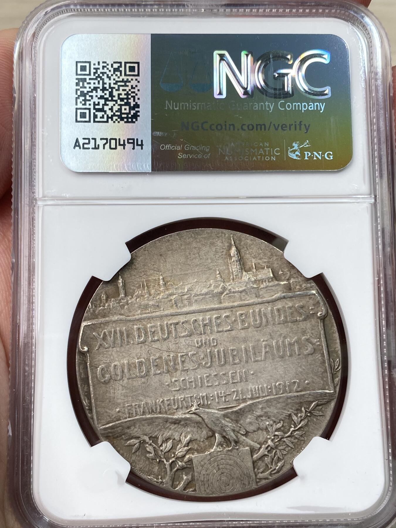 万国钱币拍卖第055期 NGC MS63 1912年德国法兰克福第十七届联邦射击节大银章 城市景观MATTE工艺