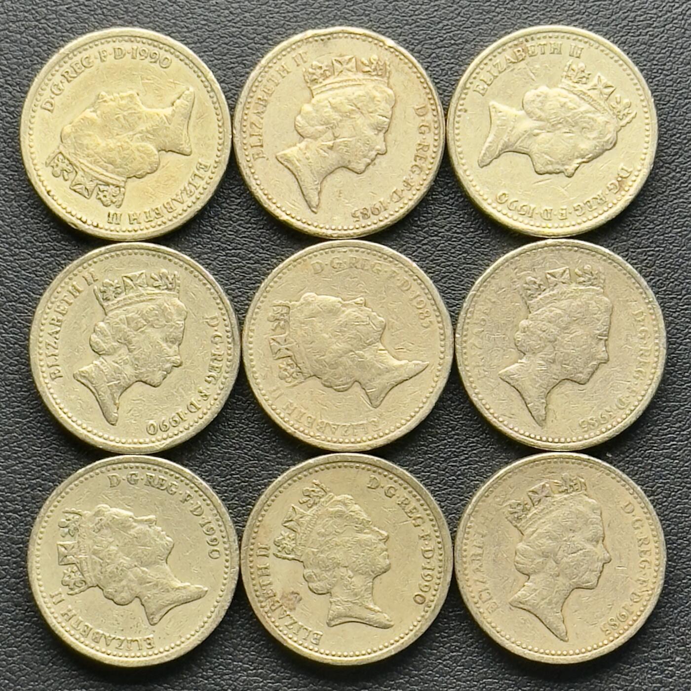 ＜小葵钱铺＞第65期·散币·银币场·满200包邮，不寄存·17号发货 英国1985、1990年威尔士韭菜1镑黄铜纪念币9枚