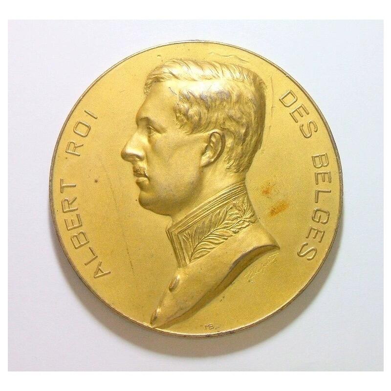 【艺术】比利时艺术大章1910年 阿尔贝一世+女神天使高浮雕精制超大镀金章 60MM