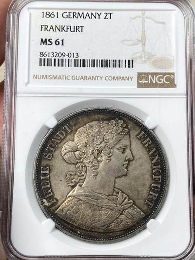 万国钱币拍卖第055期 - NGC MS61 1861年德国法兰克福少女流通2泰勒 经典法兰城少女2T 欧陆深五彩转光 状态极度舒适
