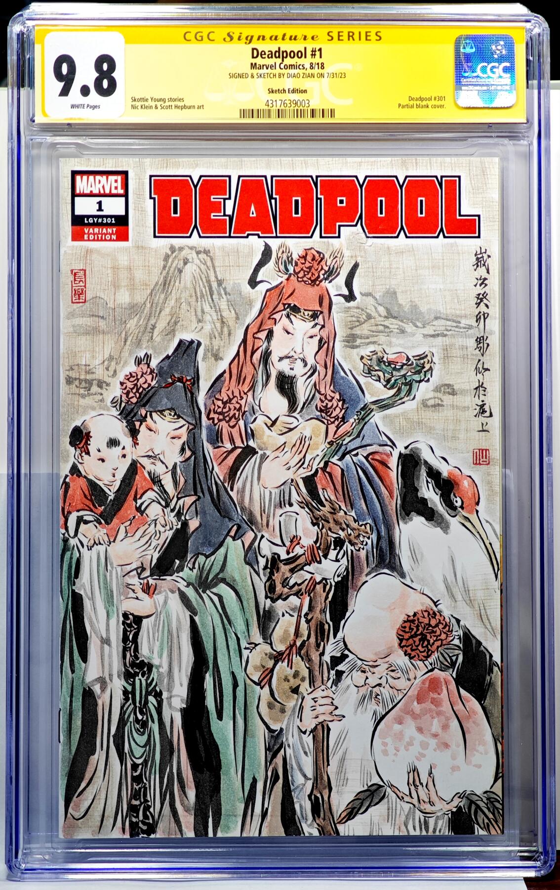 白泽拍卖卡牌手绘专场第28期（细雨生寒、寻梅闻香） 2023 漫威漫画 《死侍》 彫仙签名绘制插画 第301期 彫仙空白封面绘制 尺寸：16.5cm*24.5cm   CGC评级 9.8分