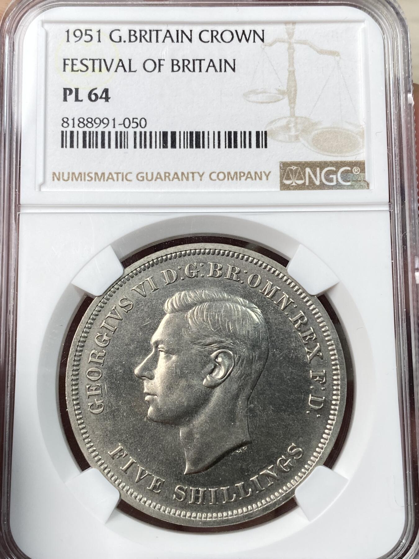 万国钱币拍卖第055期 NGC PL64 1951年英国乔治六世马剑克朗镍币 最后的马剑 镜面精铸质感