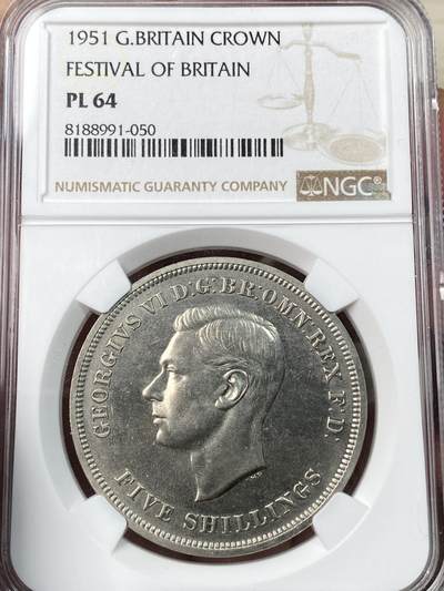 万国钱币拍卖第055期 - NGC PL64 1951年英国乔治六世马剑克朗镍币 最后的马剑 镜面精铸质感