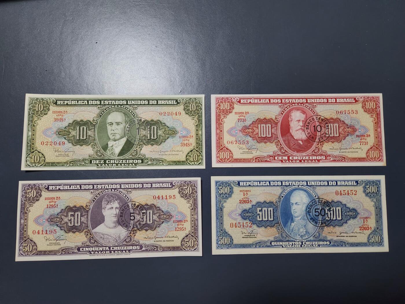 11月15号晚上8点 外国纸币自动截拍第58场 巴西 1966年 改值版 1-5-10-50纸币近新至新品一套