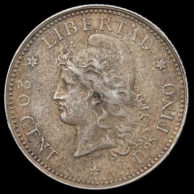 修遠堂世界钱币第九十三期 - 1882年阿根廷20分银币 5g，含银90%