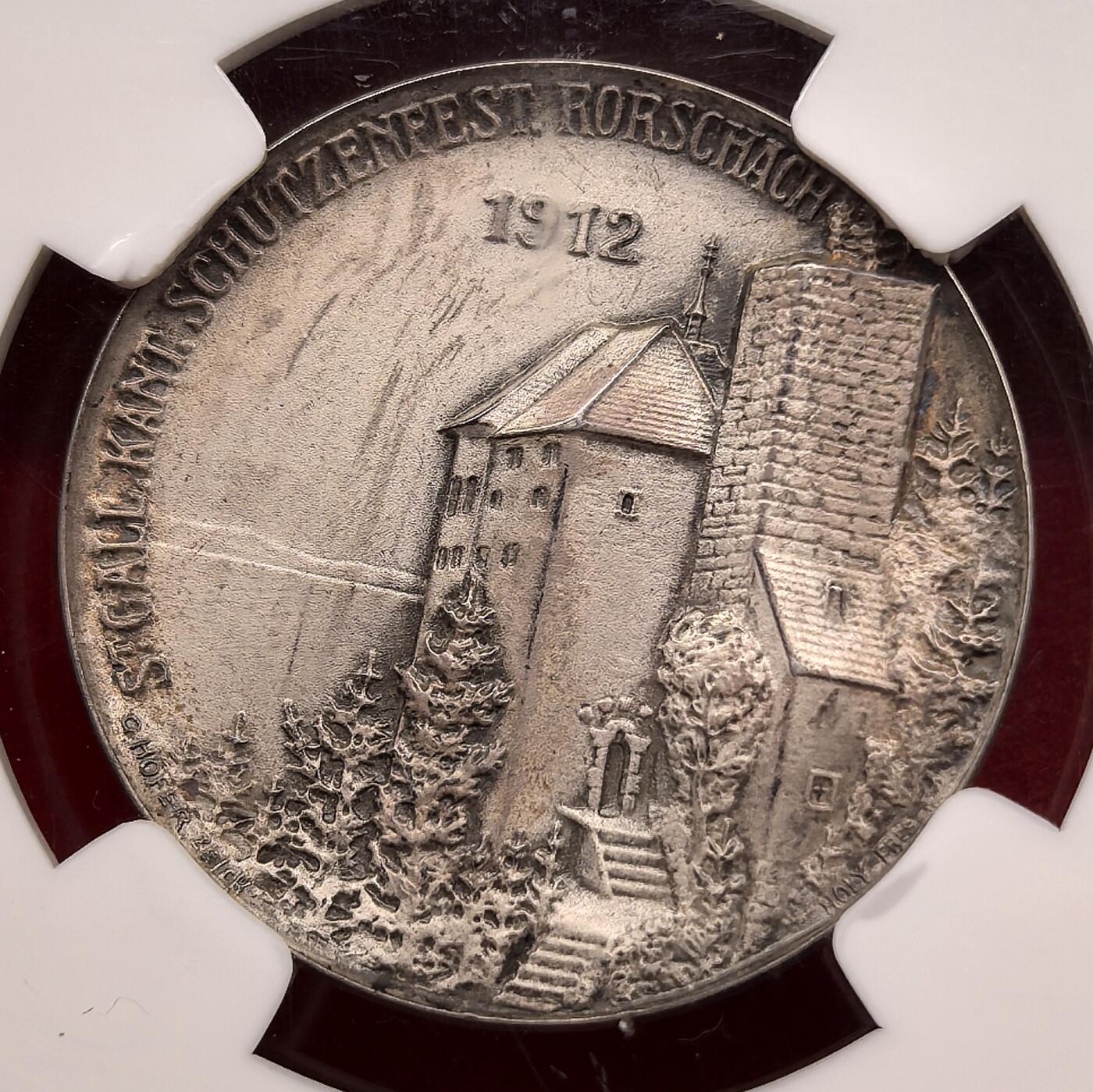 泉海漫舟·凡希社世界钱币微拍第三百十四期 1912瑞士圣加仑-罗夏射击节纪念银章NGC-MS62，精美。