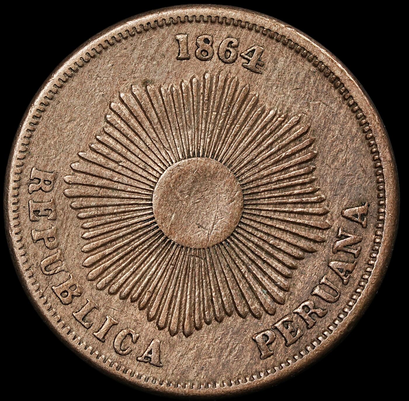 修遠堂世界钱币第九十三期 1864年秘鲁2分铜币 带光