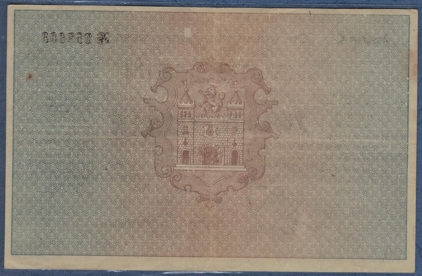 捷克斯洛伐克利贝雷茨地区1918年10月至1919年2月20克朗 实物图 八五品 稀少品种 该币属于应急货币(战时政权更迭期的临时流通券).1918年一战末，奥匈帝国解体，利贝雷茨所在的波希米亚地区处于政权过度阶段，德国裔居民主导的"德意志波希米亚省"(仅存在三个月）发行此币，以维持当地经济流通。1918年12月，该地区被捷克斯洛伐克政府接管，此货币仅短暂流通。