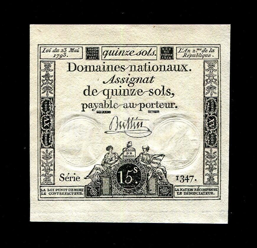 11月15号晚上8点 外国纸币自动截拍第58场 法兰西第一共和国 1793年 15苏 纸币 通货膨胀时期 全新UNC