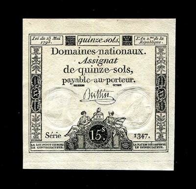 11月15号晚上8点 外国纸币自动截拍第58场 - 法兰西第一共和国 1793年 15苏 纸币 通货膨胀时期 全新UNC